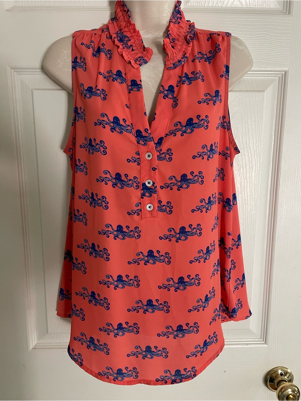 Maeve‎ Coral Sleeveless Camisole with Navy Octopus Print